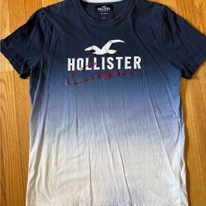 Hollister Navy-to-White Ombre Logo Short Sleeve Tee with Red Script